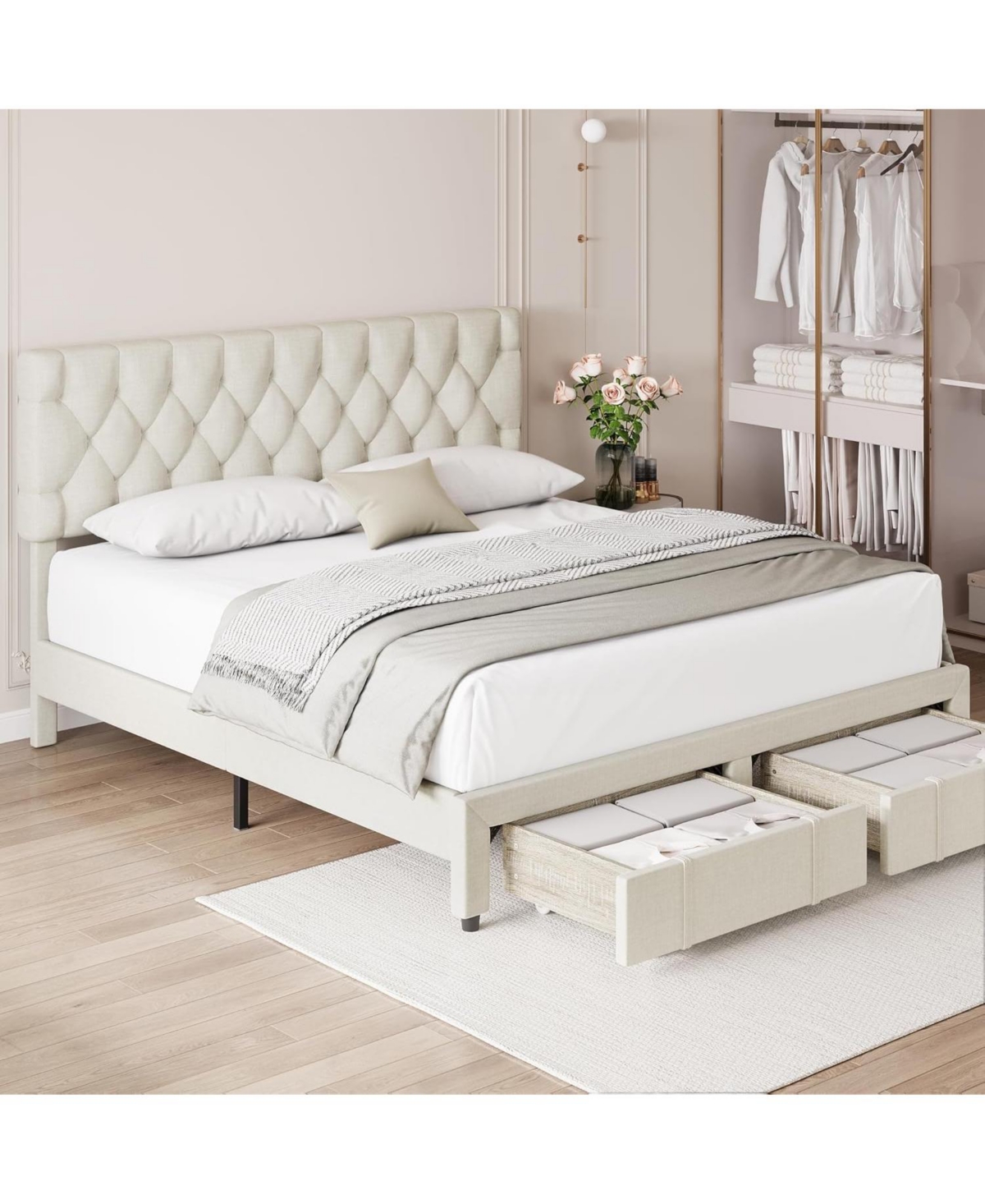 gaomon Bed Frame, Upholstered Platform Frame with Storage Drawers, Mattress Foundation Solid Wooden Slats Support,