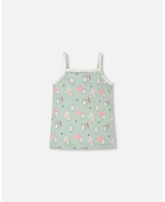Girls Cotton Tank Underwear Green Kitten Print