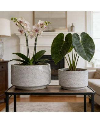 Handmade Ceramic Planter Set (2), 11" & 8" Ridged, Breathable Clay for Plants