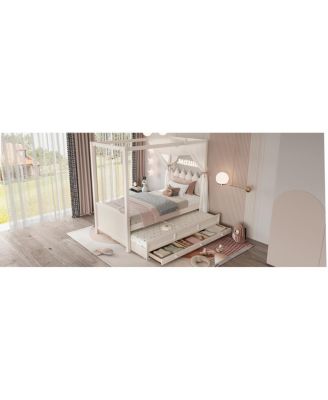 Twin Upholstered Platform Bed with Trundle, 3 Drawers & Canopy