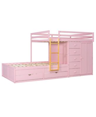 Full Size Bunk Bed with 2 Large & 5 Small Drawers, Wood & MDF