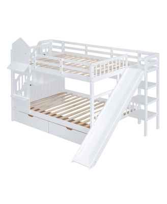 Full-Over-Full Castle Bunk Bed w/ Drawers, Shelves & Slide - White