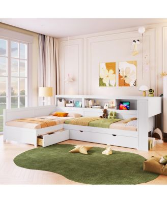 Wood Twin L-shaped Platform Bed with Trundle & Drawer