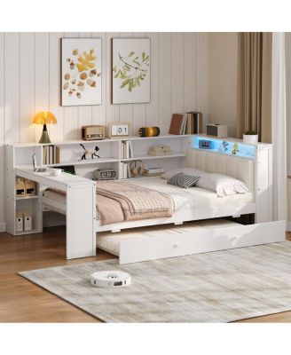  Wood Twin Platform Bed with Storage, Trundle, Charging, LED, Desk, Headboard