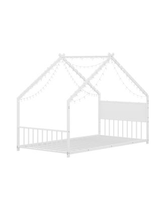 Twin Size House Bed with Roof & Lights, Metal Frame, No Box Spring