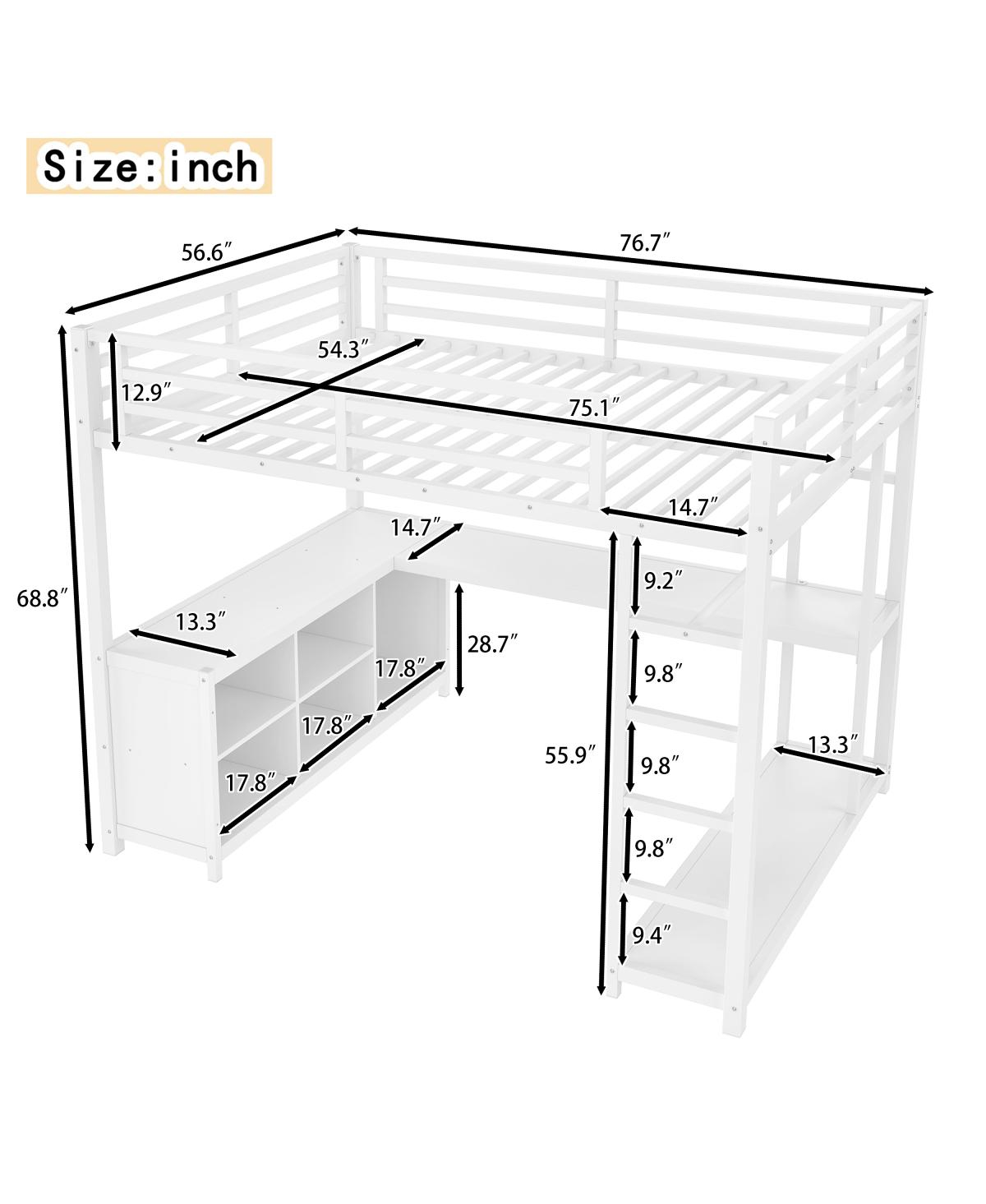Streamdale Furniture Metal Loft Bed with Wardrobe, L-shaped Desk & Storage - Full Size