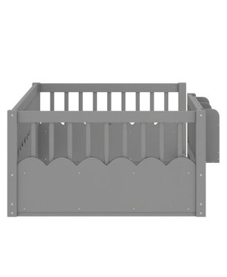  Twin Floor Bed with Fence & Bookshelf, Wood Kids Bed