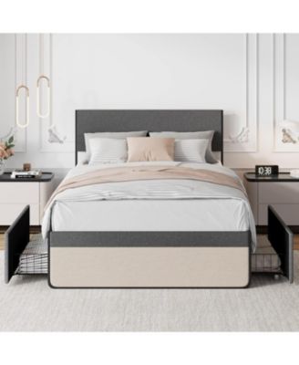Upholstered Size Platform Bed Frame with 2 Storage Drawers and Headboard, Mattress Foundation with Steel Slat Support