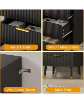 Fluted 3 Drawer Dresser Set of 2, Large Modern Nightstand Cabinet with Gold Metal Handles, End Table Wood Chest of Drawers for Bedroom.