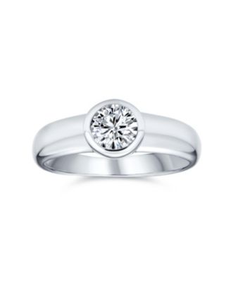 Modern Simple 1CT Cubic Zirconia CZ Bezel Set Round Solitaire Promise Ring Sterling Silver Plain Band