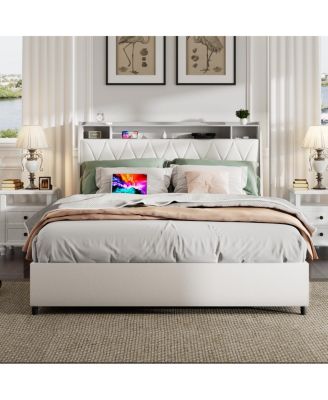 Queen Bed Frame with Ergonomic Headboard, Outlets & Storage Shelf
