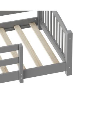 Montessori Floor Bed with Slats, Guardrails, and Fence