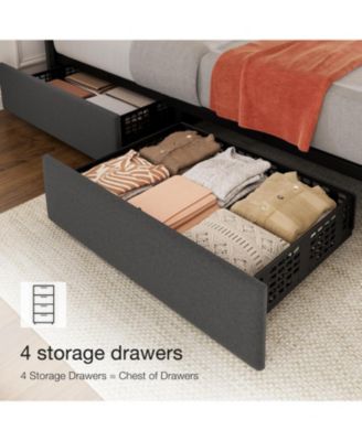 White Queen PU Leather Upholstered Bed Frame with 4 Storage Drawers, Adjustable Headboard, Sturdy Wooden Slats