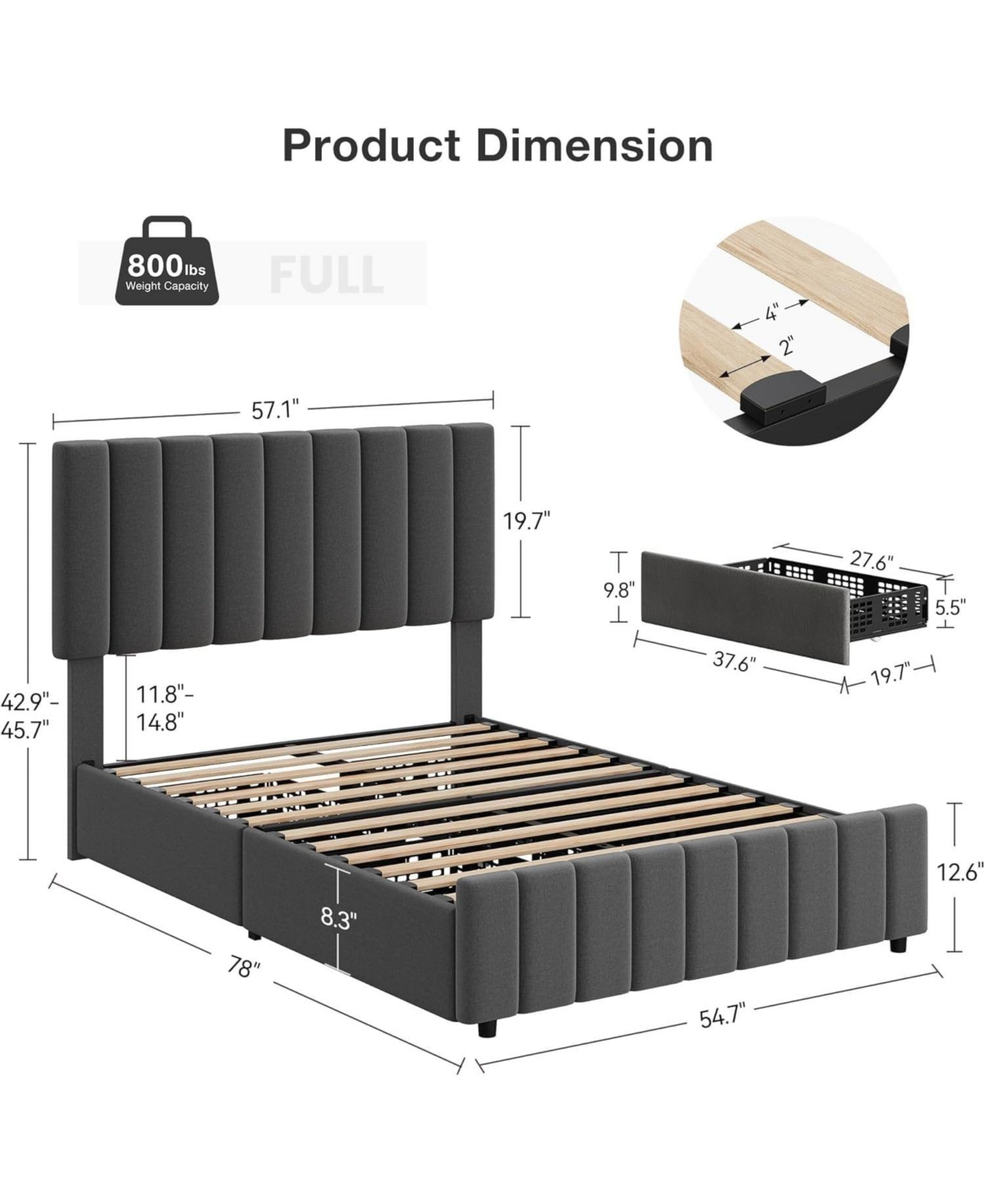 gaomon Full Linen Upholstered Platform Bed Frame with 4 Storage Drawers, Adjustable Headboard, Wooden Slats Support