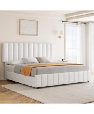 White Queen PU Leather Upholstered Bed Frame with 4 Storage Drawers, Adjustable Headboard, Sturdy Wooden Slats