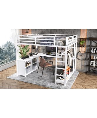  Metal Loft Bed with Wardrobe, L-shaped Desk & Storage