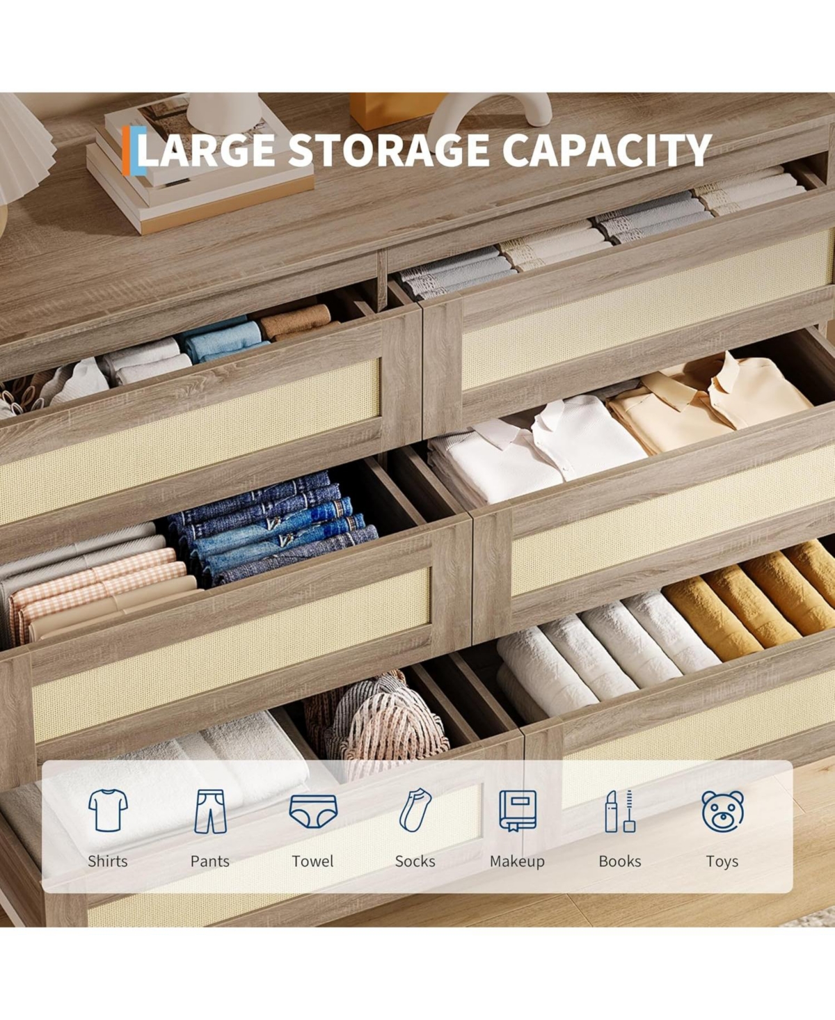 gaomon Wooden Dresser with 6 Drawers Wide Chest of Drawers with Rattan Fronts Boho Style