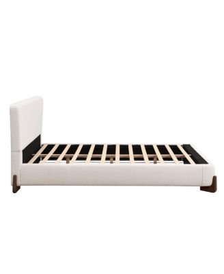 Elegant white queen upholstered bed with dark brown solid wood legs