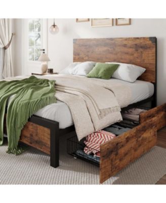  Bed Frame with Wooden Headboard – Features a Platform Design with Under-Bed Storage and Metal Legs, Noise-Free Operation