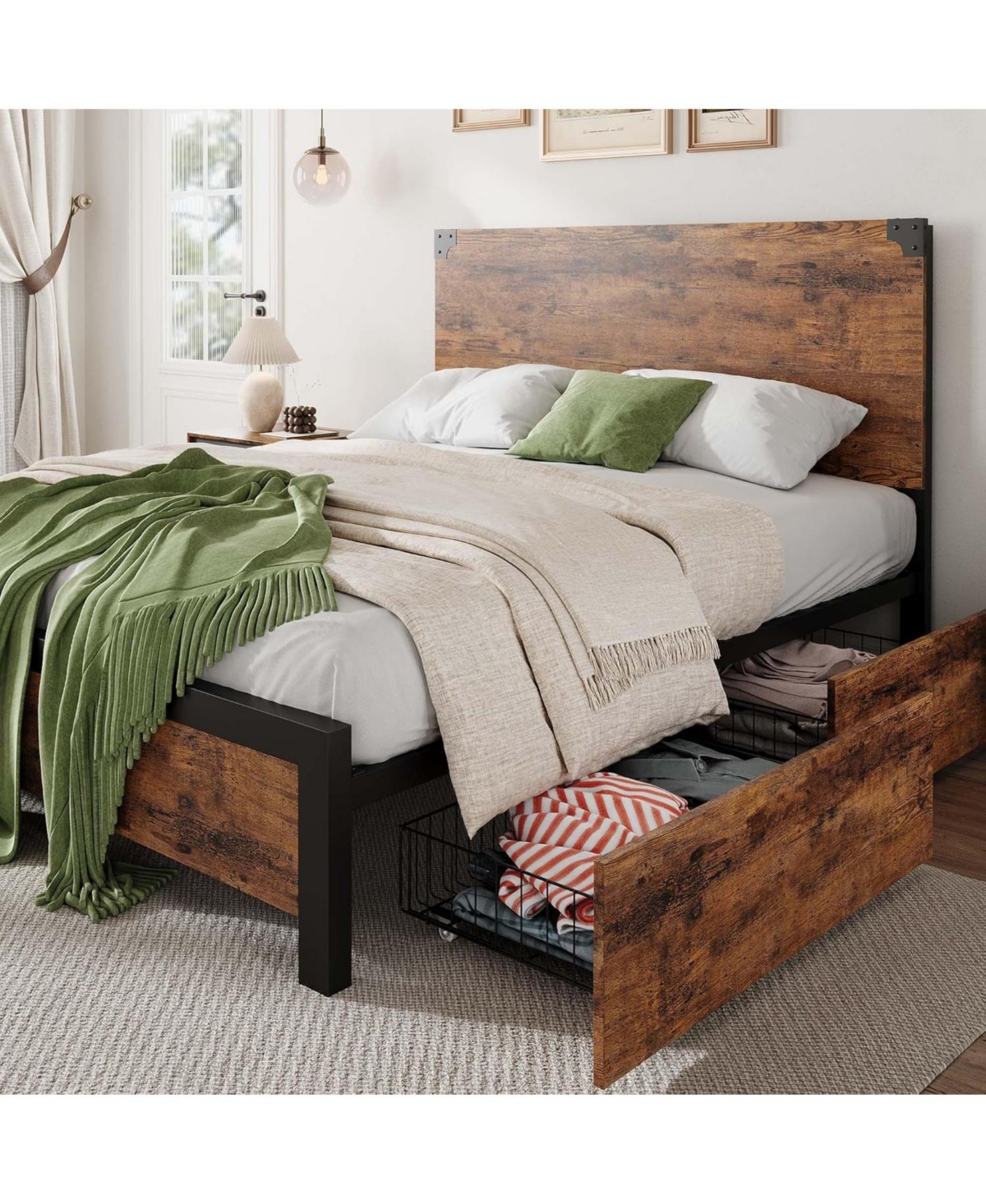 gaomon Bed Frame with Wooden Headboard – Features a Platform Design with Under-Bed Storage and Metal Legs, Noise-Free Operation