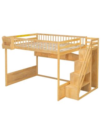 Queen Size Wooden Loft Bed with Staircase, Wardrobe & Shelves