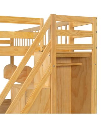 Queen Size Wooden Loft Bed with Staircase, Wardrobe & Shelves