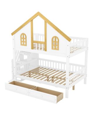 Full Size Wooden House Roof Bunk Bed with Window, Door, Storage & Stairs