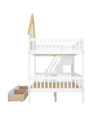 Full Size Wooden House Roof Bunk Bed with Window, Door, Storage & Stairs