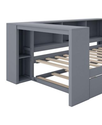 Wood Twin Platform Bed w/Storage, Trundle, Charging Station