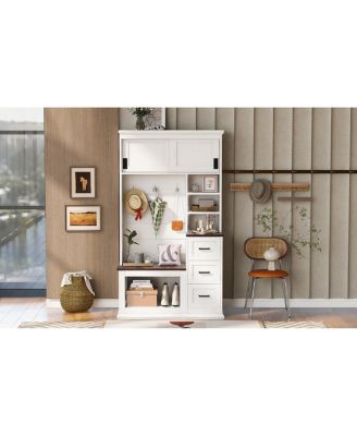 Modern Entryway Bench with Coat Rack, 3 Shelves, Drawers & Hooks