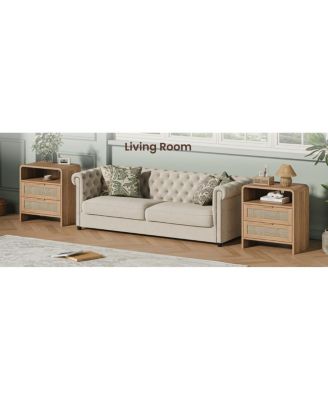 Rattan Nightstand with Charging Station, 2 Drawers, 22.8" Wide Bedside Table