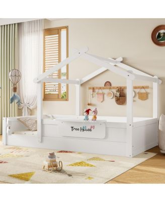 Twin Size House Floor Bed with Guardrails, Roof, Tray & Signboard
