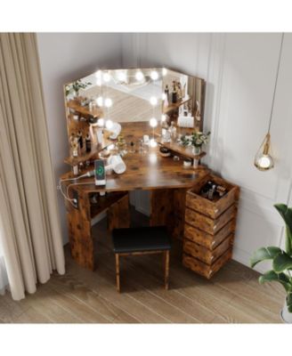 Makeup Vanity Desk with Lights and Power Outlet, Corner Vanity Table with 5 Rotating Drawers, Adjustable 3 Color Lighting, Shelves and Stool