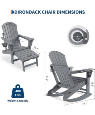 Adirondack Rocking Chair, Folding & Portable Rocker with Retractable Ottoman & Cup Holders, HDPE All Weather Outdoor Chair for Porch