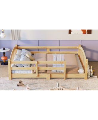 Montessori Floor Bed with Slats & Guardrails, Solid Wood, Easy Assemble