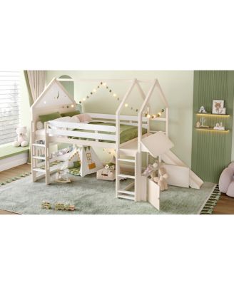 Streamdale Loft Bed with Bookshelf, Slide, and House-Shaped Design for Kids