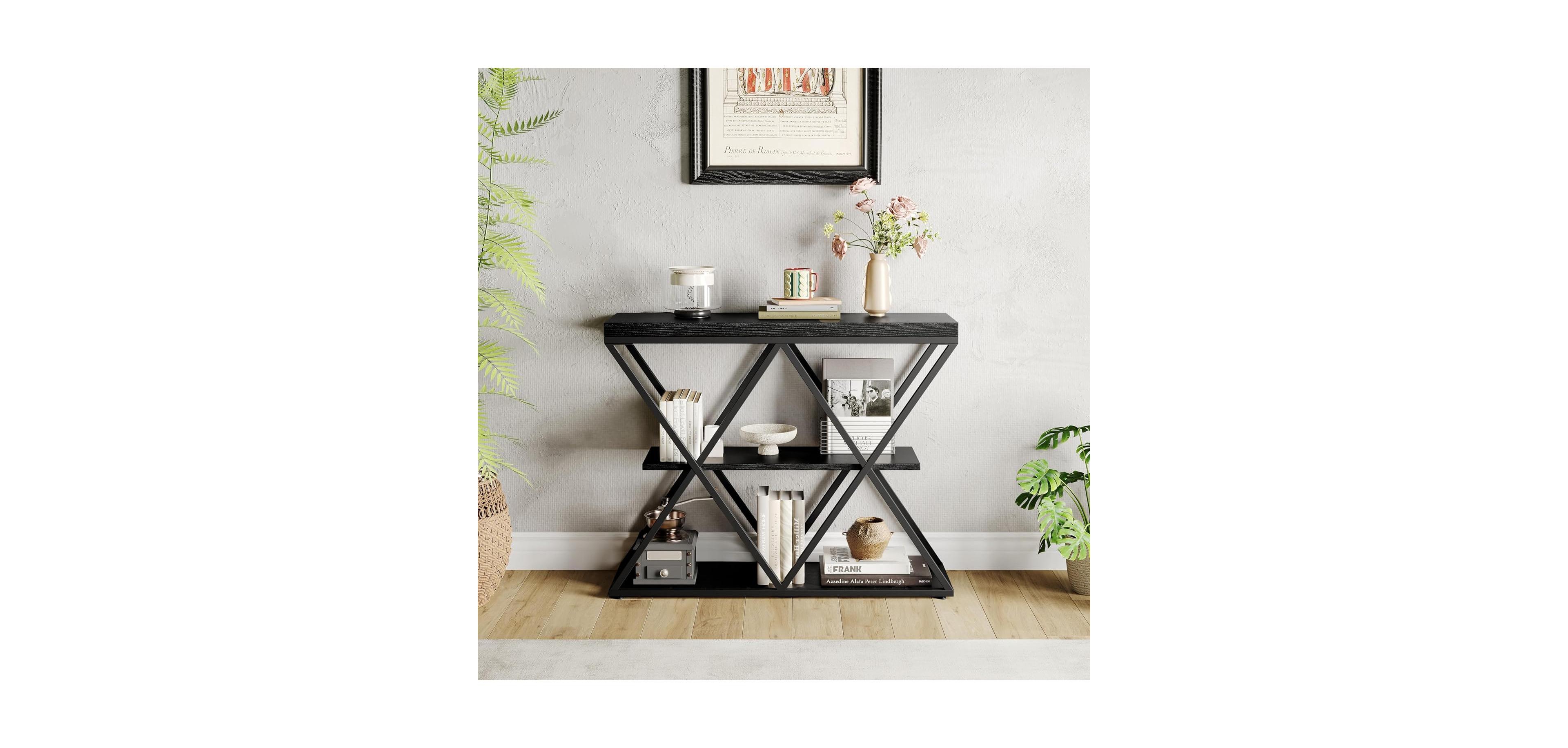 gaomon 3-Tier Industrial Entryway Table with x-Shaped Metal Frame, Open Shelf Console Sofa for Living Room, Hallway