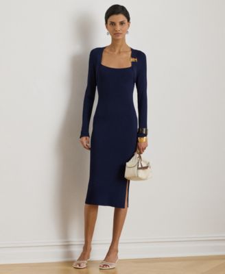 Women's Buckle-Trim Rib-Knit Square Neck Sweater Dress