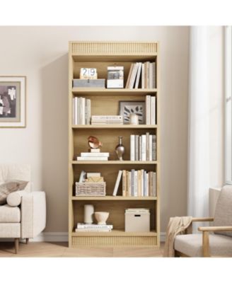 Tall Farmhouse Bookcase – 5-Tier Bookshelf with Fluted Design and Display Rack, Rustic Wood Freestanding Book Shelf for Office, Library