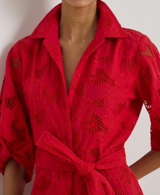 Women's Eyelet Voile Balloon-Sleeve Collared Shirt Dress