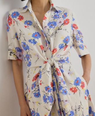 Women's Floral Tie-Front Collared Shirt Dress