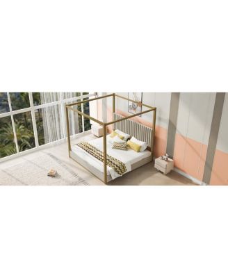 Streamdale King Size Beige Upholstery Canopy Platform Bed with Headboard & Metal Frame