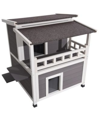 2-Story Insulated Cat House with Balcony, Weatherproof Wooden Shelter for Indoor & Outdoor Cats