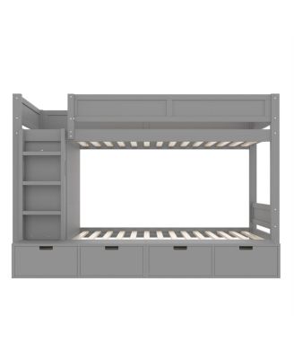 Twin over Twin Bunk Bed w/ 4 Drawers, Wardrobe, No Box Spring Needed