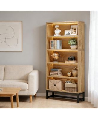 Tall Bookcase, 5-Tier Bookshelf with APP-Controlled LED Lighting, Closed Back Design and Adjustable Feet for Home Office, Living Room