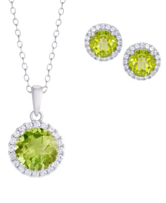 2-Pc. Genuine Peridot (2.95 ct. t.w.) and White Topaz (0.29 ct. t.w.) Round Halo Pendant Necklace and Stud Earrings Set in Sterling Silver