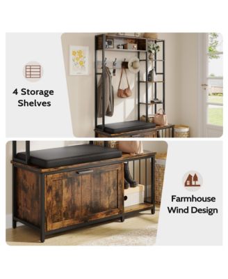 Hall Tree Coat Rack - Flip-top Shoe Cabinet, 5 Storage Compartments, Cushioned Bench, 4 Hooks for Entryway, Hallway