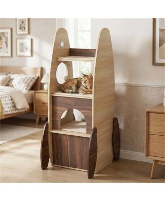 Rocket Shape Cat Tree with 2 Condos & Sisal Scratch Pads, Hanging Pompom Toys