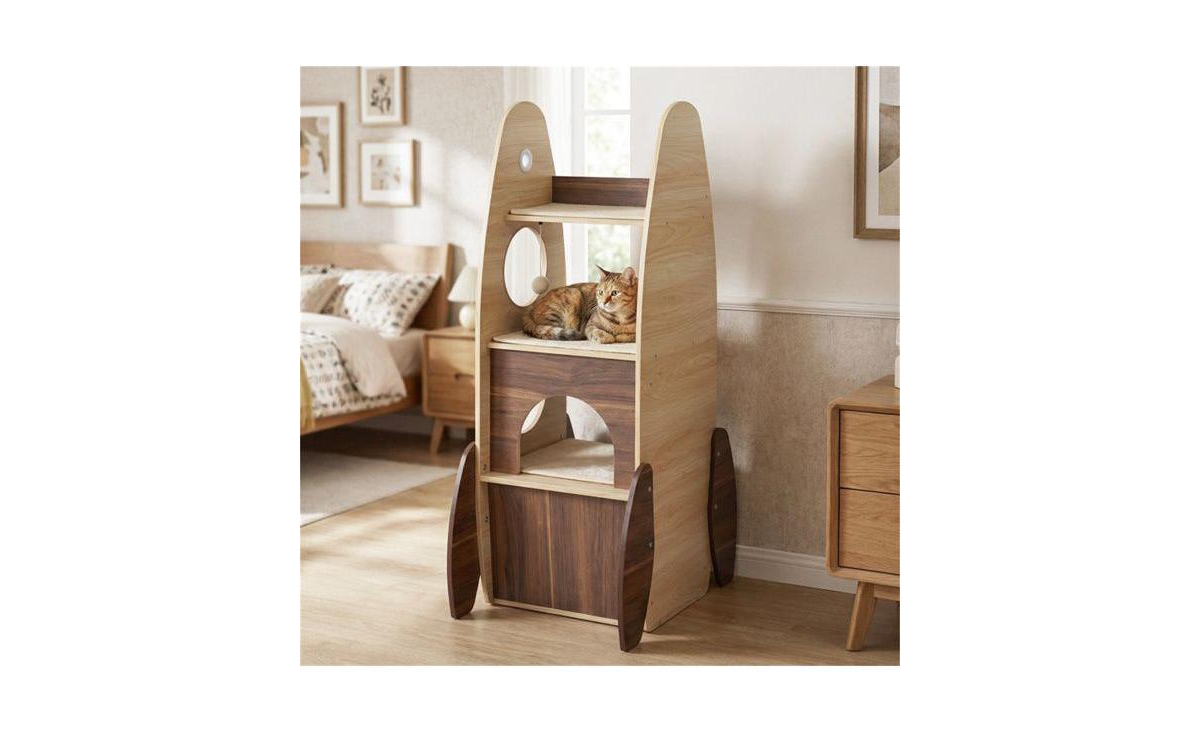 Aostirmotor Rocket Shape Cat Tree with 2 Condos & Sisal Scratch Pads, Hanging Pompom Toys