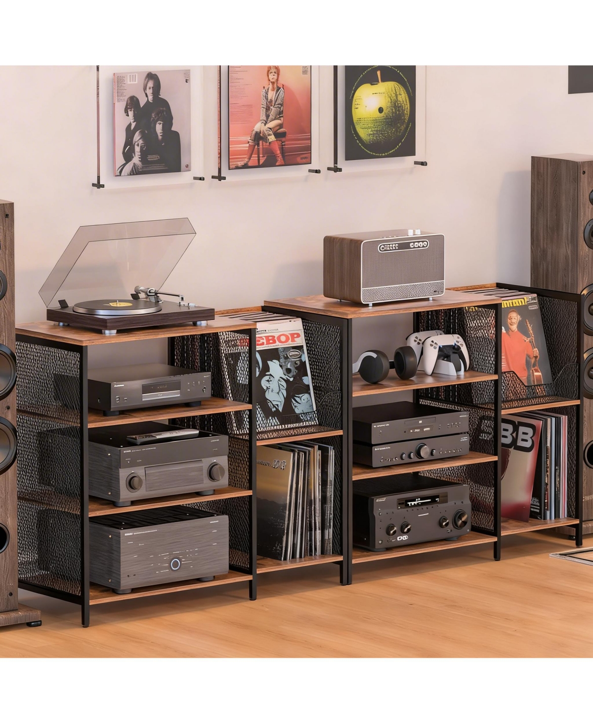 Yigii Rustic 6-Tier Media Cabinet with Adjustable Shelves and Record Holder